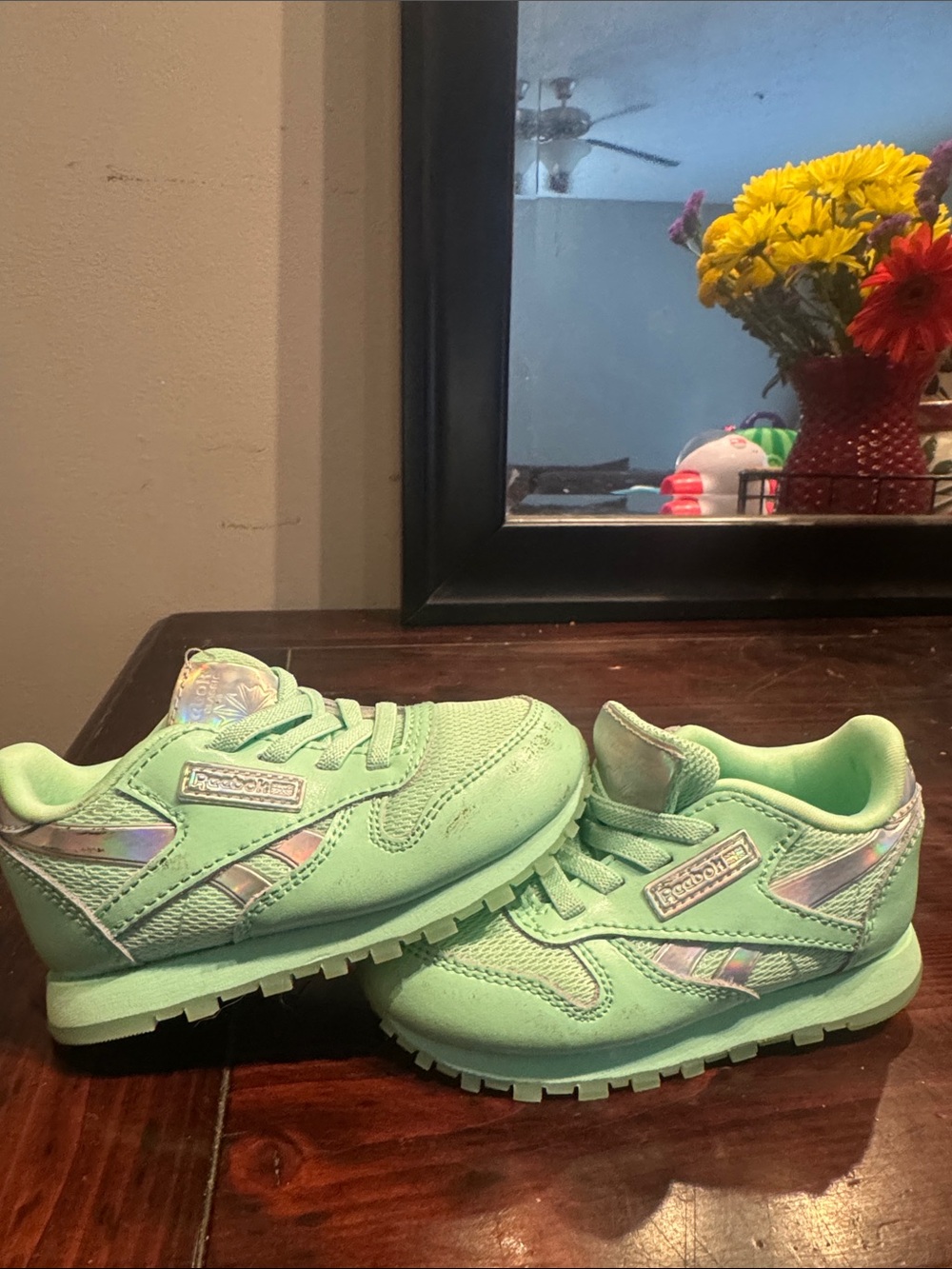Reebok Mint Green Kids Sneakers with Iridescent Accents